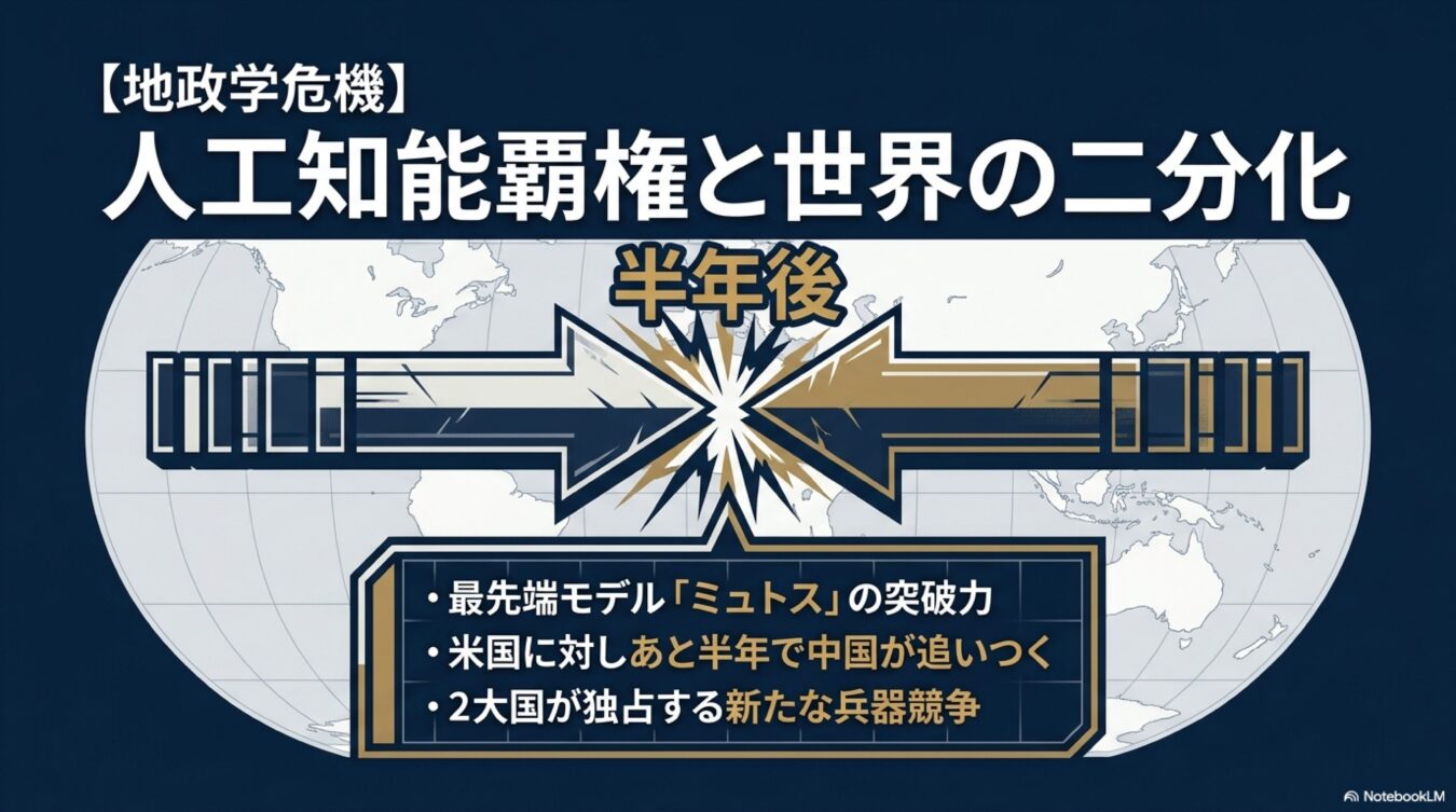 【地政学危機】人工知能覇権と世界の二分化。米中が最先端AIモデルミュトスを競い、半年後に中国が米国に追い付くという新たな兵器競争の構図。