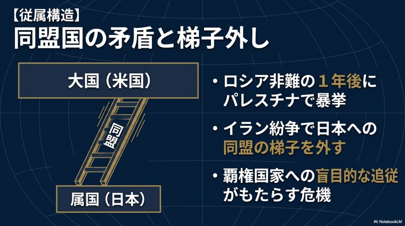 大国と属国の従属構造を示し、同盟関係における矛盾や梯子外しのリスク、覇権国家への盲目的な追従がもたらす危機の論点を図解した資料。