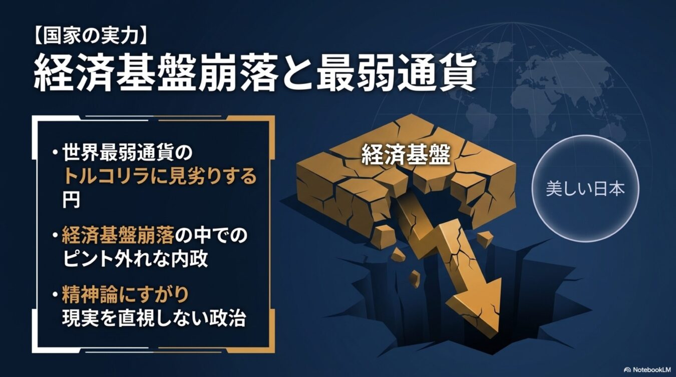 経済基盤が崩落し、世界最弱通貨のトルコリラにも劣る円の現状と、現実を直視せず精神論に頼る日本の政治を批判的に解説した図。