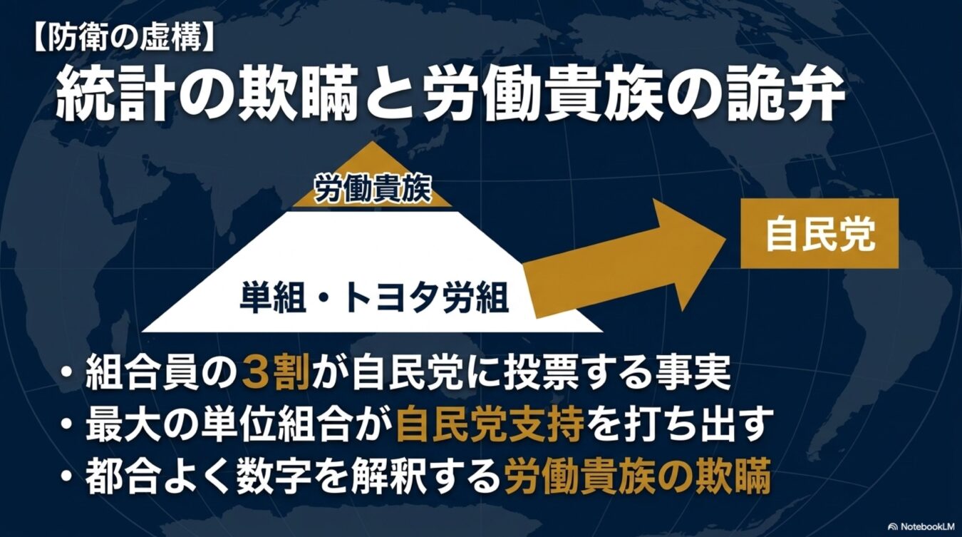 統計の欺瞞と労働貴族の詭弁をテーマに、労働組合から自民党への支持構造と、組合員の投票行動における矛盾を解説する図解。