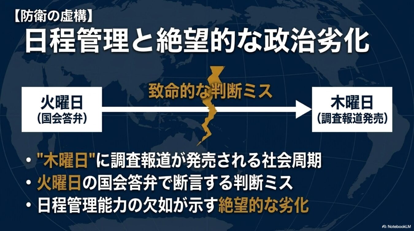 防衛の虚構として、火曜の国会答弁と木曜の調査報道の周期を考慮せず、致命的な判断ミスを招いた政治の劣化と日程管理能力の欠如を指摘する図解。