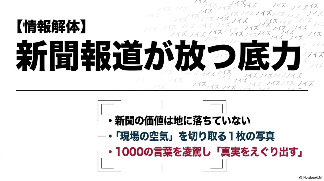 【情報解体】新聞報道が放つ底力。情報のノイズが溢れる中で、現場の空気を切り取り、真実をえぐり出す新聞報道の価値を説くメッセージ。