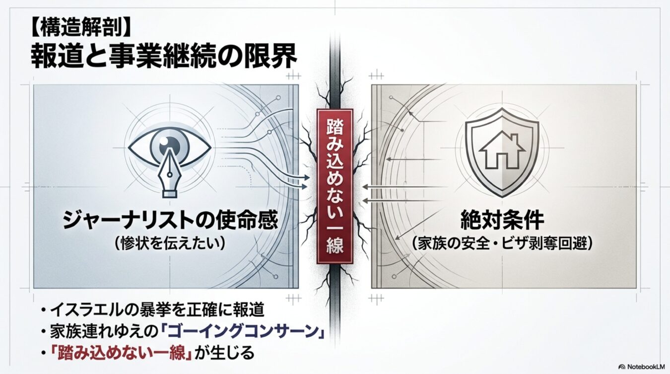 報道の使命感と家族の安全という絶対条件の間で、踏み込めない一線が生じる構造を解説した図解。