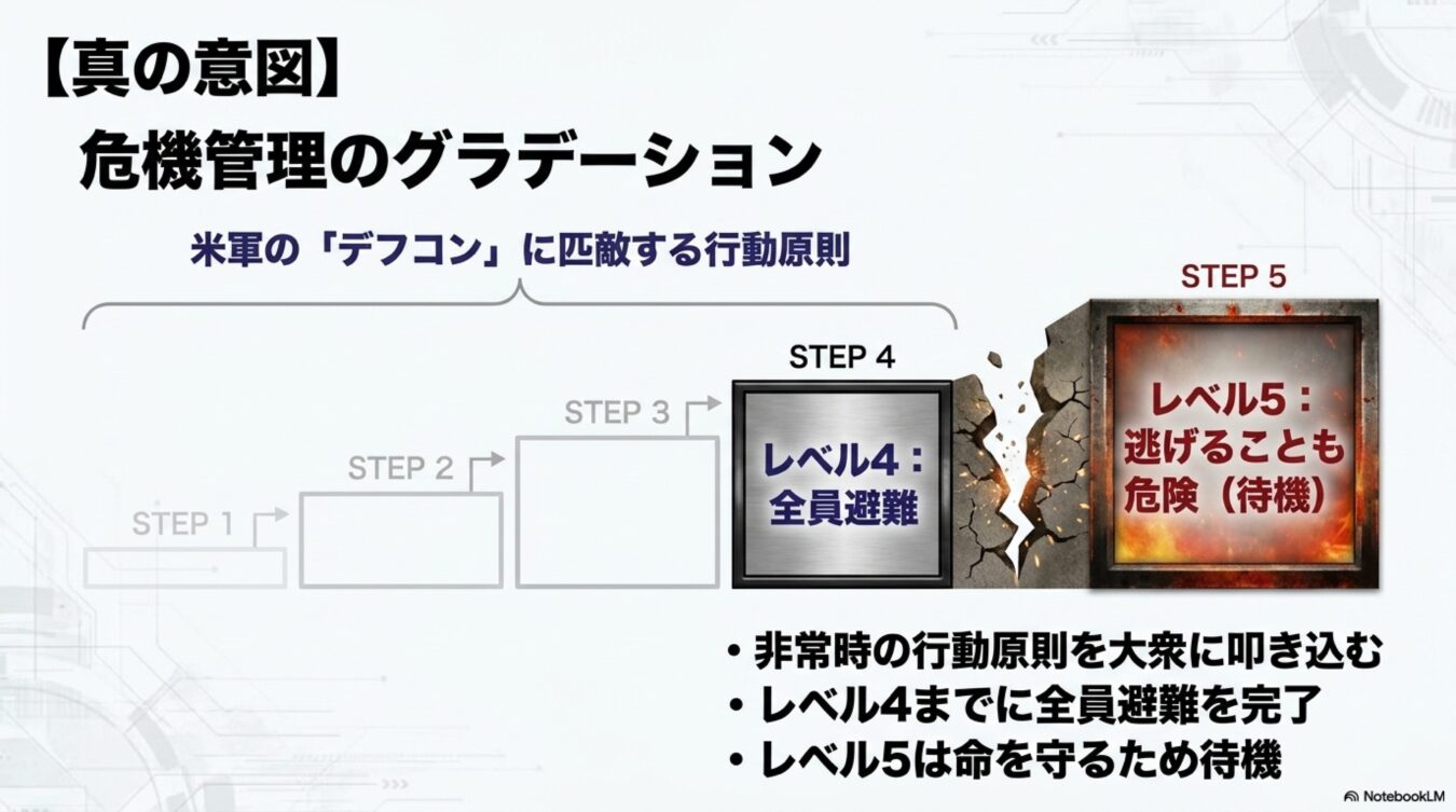 危機管理のグラデーションを示した図。レベル4の全員避難から、避難が困難なレベル5の命を守るための待機まで、米軍のデフコンになぞらえた非常時の行動原則を解説しています。(56文字)