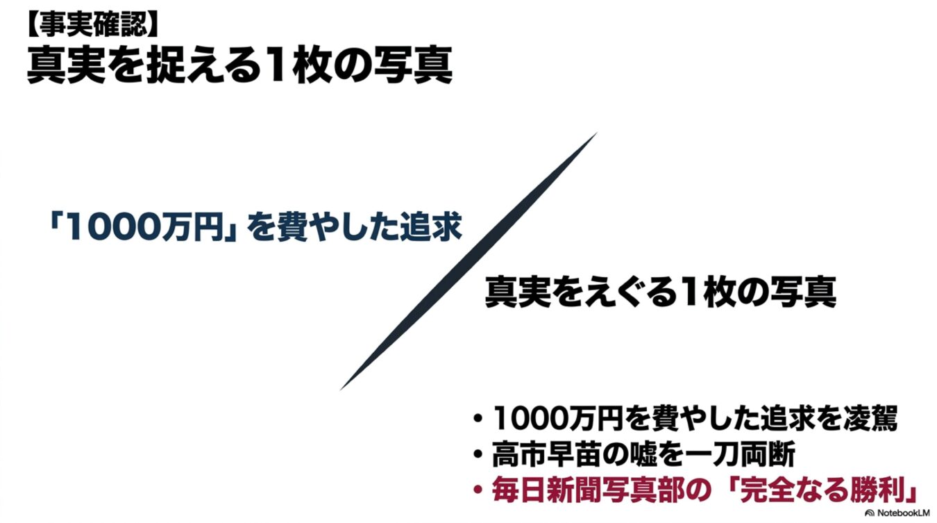 事実確認と題し、1000万円を費やした追求を凌駕する決定的瞬間の写真が、高市早苗の主張を論破したとする毎日新聞写真部の主張を解説する図。