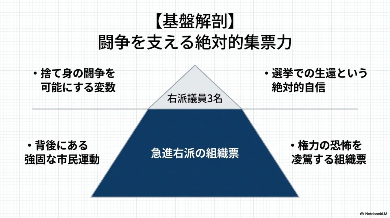 基盤解剖と題し、急進右派の組織票を土台に右派議員3名の闘争と選挙での自信を支える構造をピラミッド図で解説。