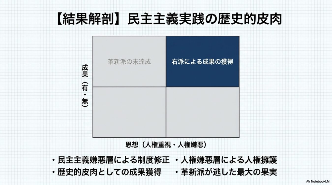 民主主義実践の歴史的皮肉を示す図表。思想（人権重視・嫌悪）と成果（有・無）の軸で構成され、右派が成果を得る皮肉な構造を解説している。