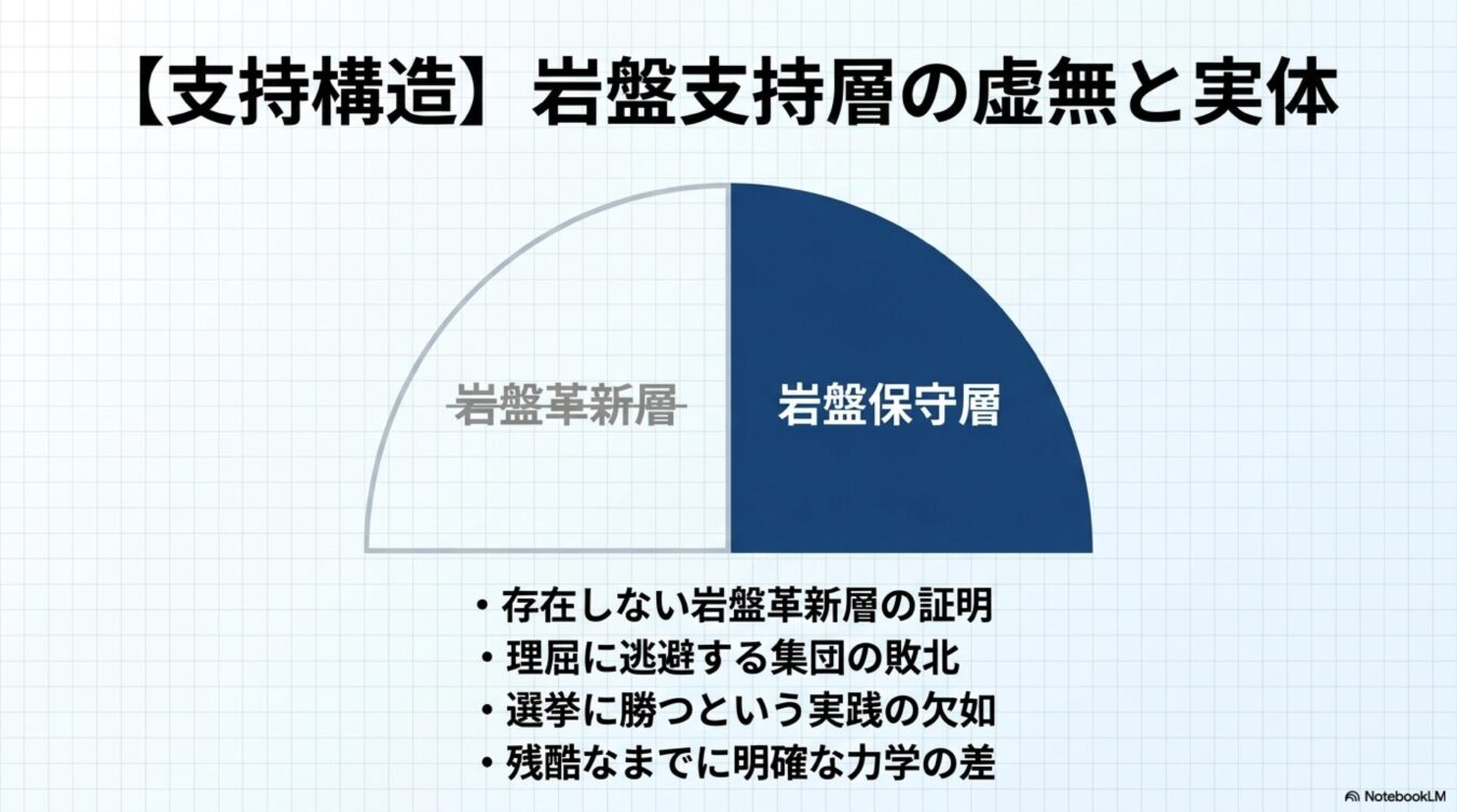 支持構造を岩盤革新層と岩盤保守層の半円グラフで示し、革新層の不在と保守層の実態および政治的力学の差を論じた図解。