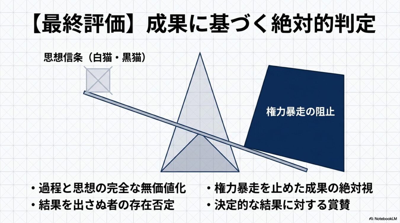 成果に基づく絶対的判定を図解した図。思想信条を軽視し、権力暴走を阻止する決定的な成果のみを高く評価・賞賛する概念を示している。（57文字）