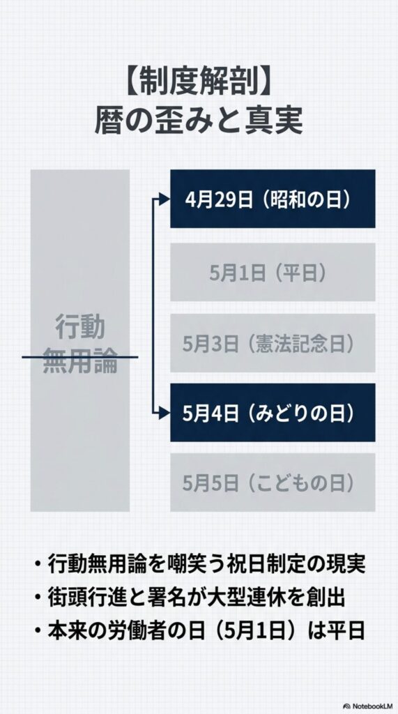 制度解剖:祝日と平日の配置から、本来の労働者の日である5月1日が平日であり、街頭活動の結果として大型連休が創出されたという矛盾を指摘する図。