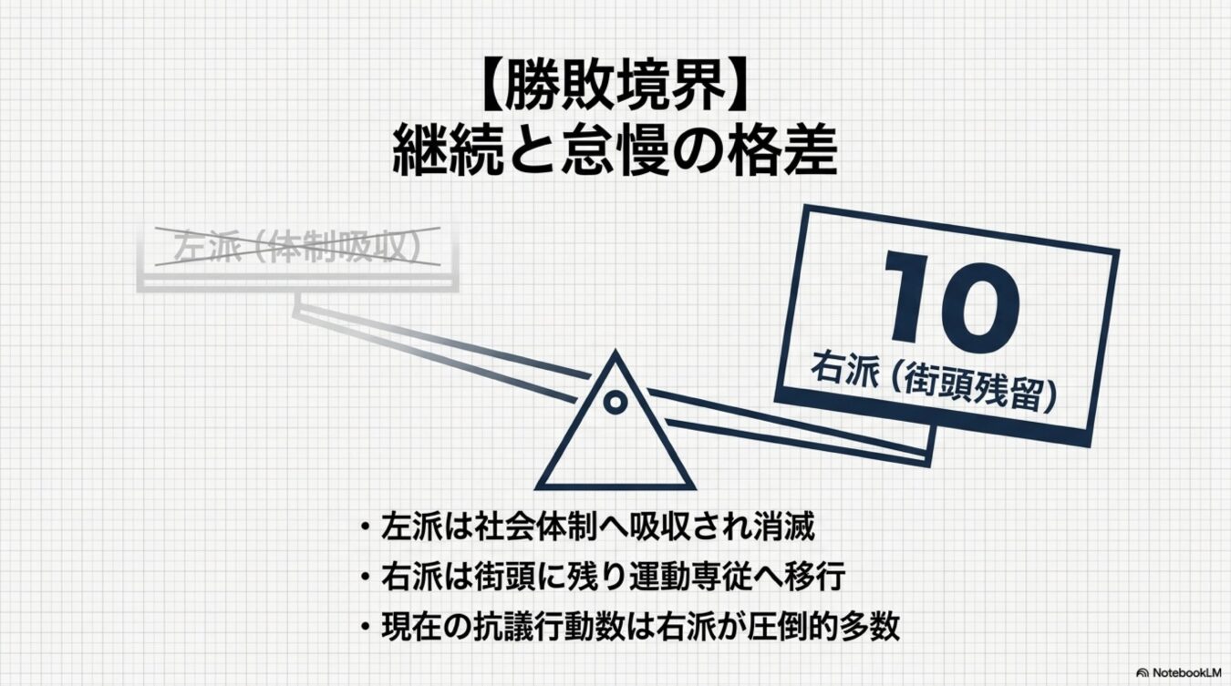 社会体制へ吸収され消滅した左派と、街頭活動を継続する右派の格差を天秤で表現した図。現在の抗議行動数において右派が圧倒的多数を占めていることを示している。