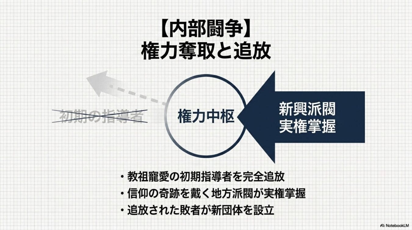 組織内の権力闘争と追放の構造図。新興派閥が権力中枢を奪取し、初期指導者を排除して実権を掌握するプロセスを示している。