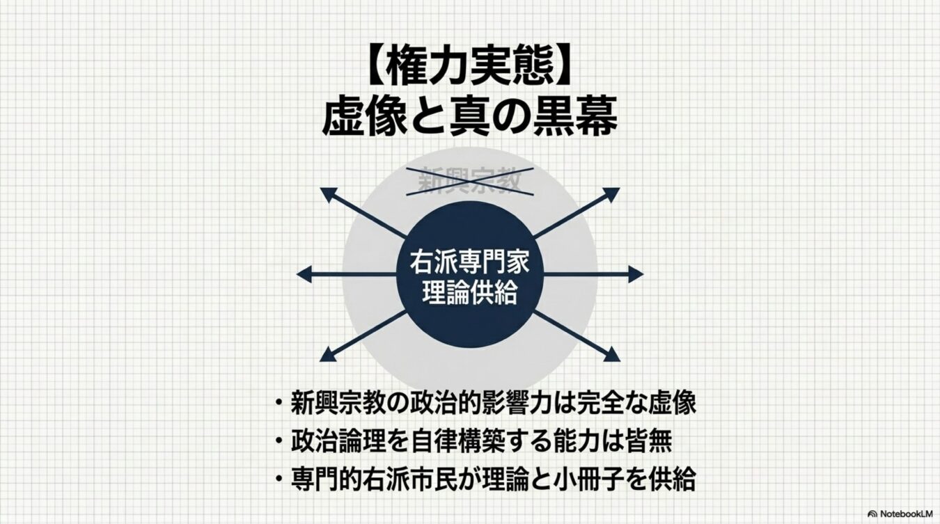 新興宗教の影響力を否定し、右派専門家が理論を供給する構造を図解。政治的主導権は虚像であり、背後に理論的支援者が存在することを示唆している。