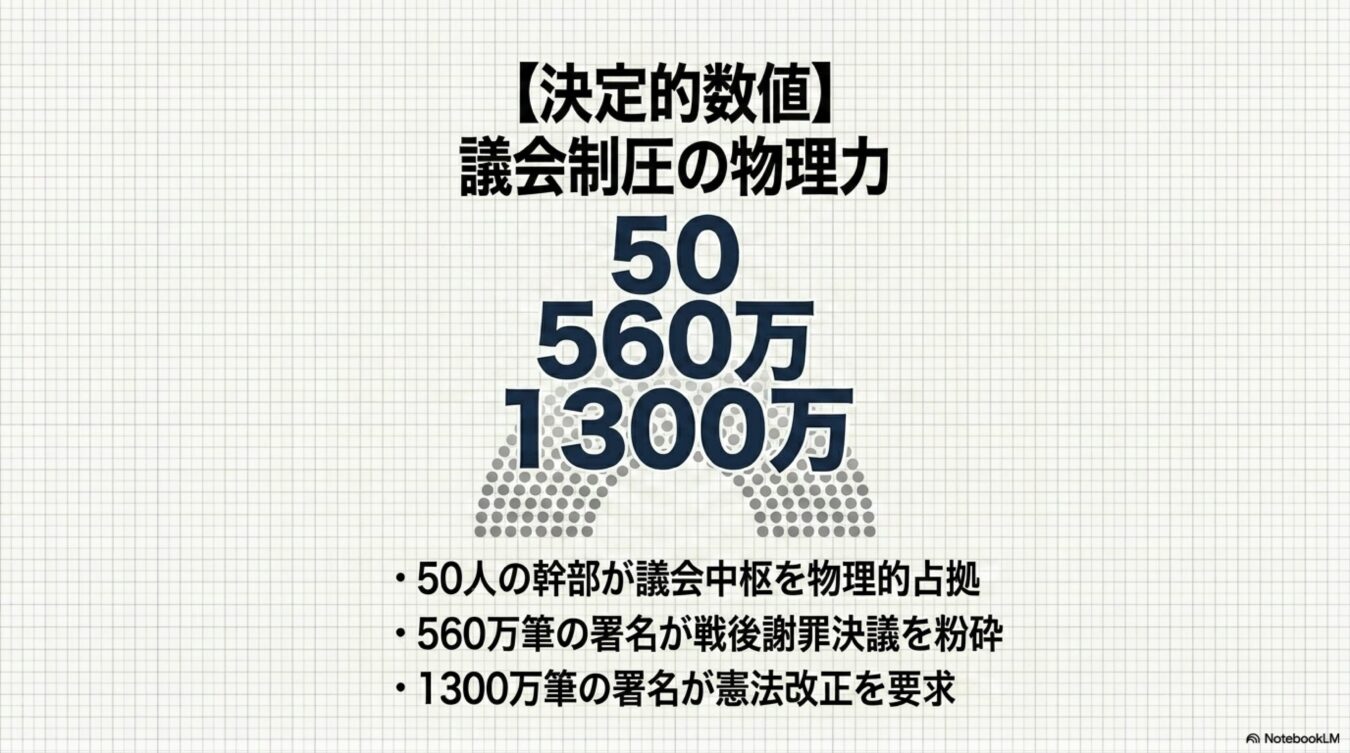 議会制圧の物理力として50人の幹部による議会中枢の占拠560万筆の署名による戦後謝罪決議の粉砕1300万筆の署名による憲法改正要求という3つの決定的な数値を示した図。