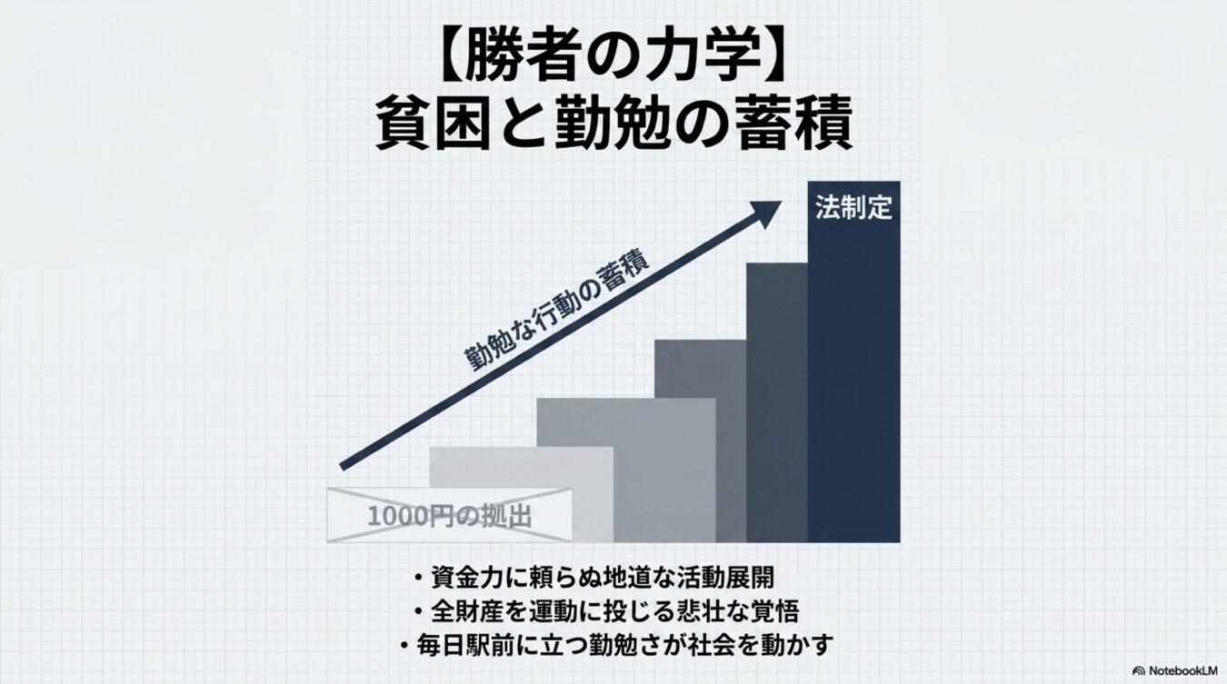 勝者の力学と題し、1000円の拠出から始まる勤勉な行動の蓄積が、やがて法制定という成果に結びつくプロセスを棒グラフで示した図解。