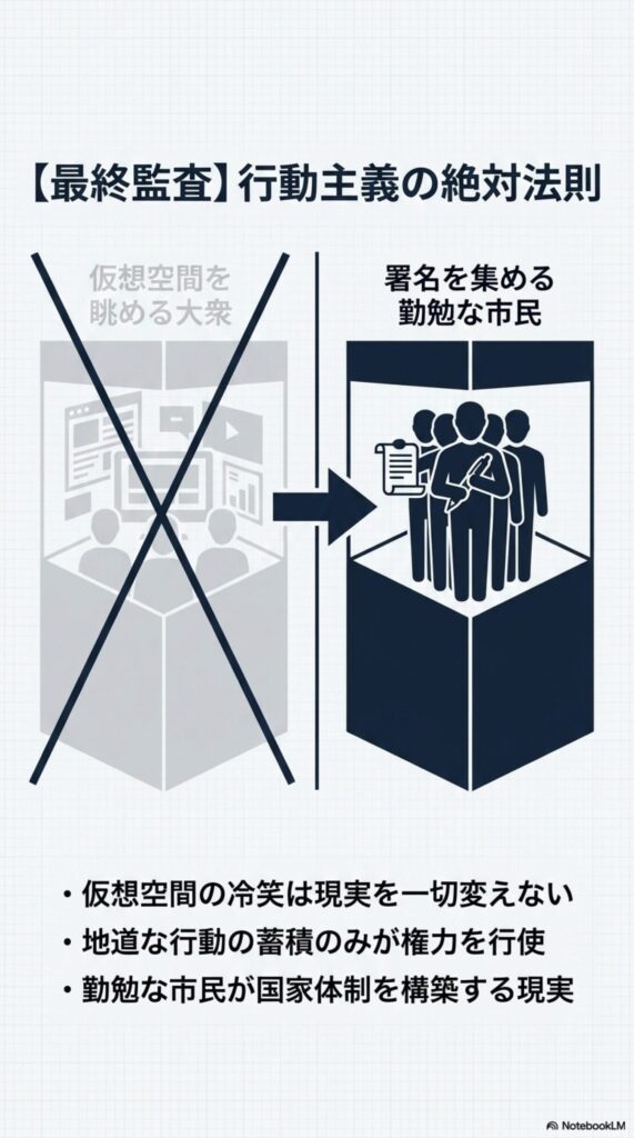 仮想空間で傍観する大衆ではなく、署名活動など地道な行動こそが現実の社会や国家体制を動かすという行動主義の法則を示した図解。