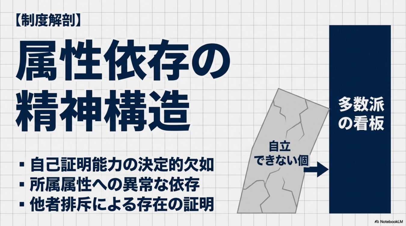 属性依存の精神構造と題し、自己証明能力の欠如や所属属性への異常な依存、他者排斥による存在証明のメカニズムを図解したもの。