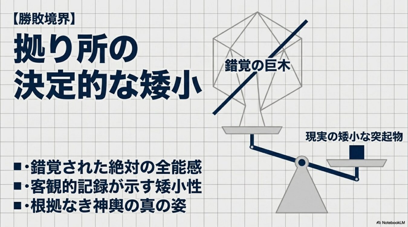 天秤で錯覚の巨木と現実の矮小な突起物を比較し、根拠なき全能感と客観的な矮小性を対比させた概念図。