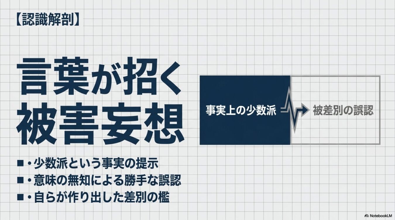 認識解剖:言葉が招く被害妄想と題し、事実上の少数派という状態が、無知と誤認によって被差別の概念へと変質していくプロセスを解説した図解。