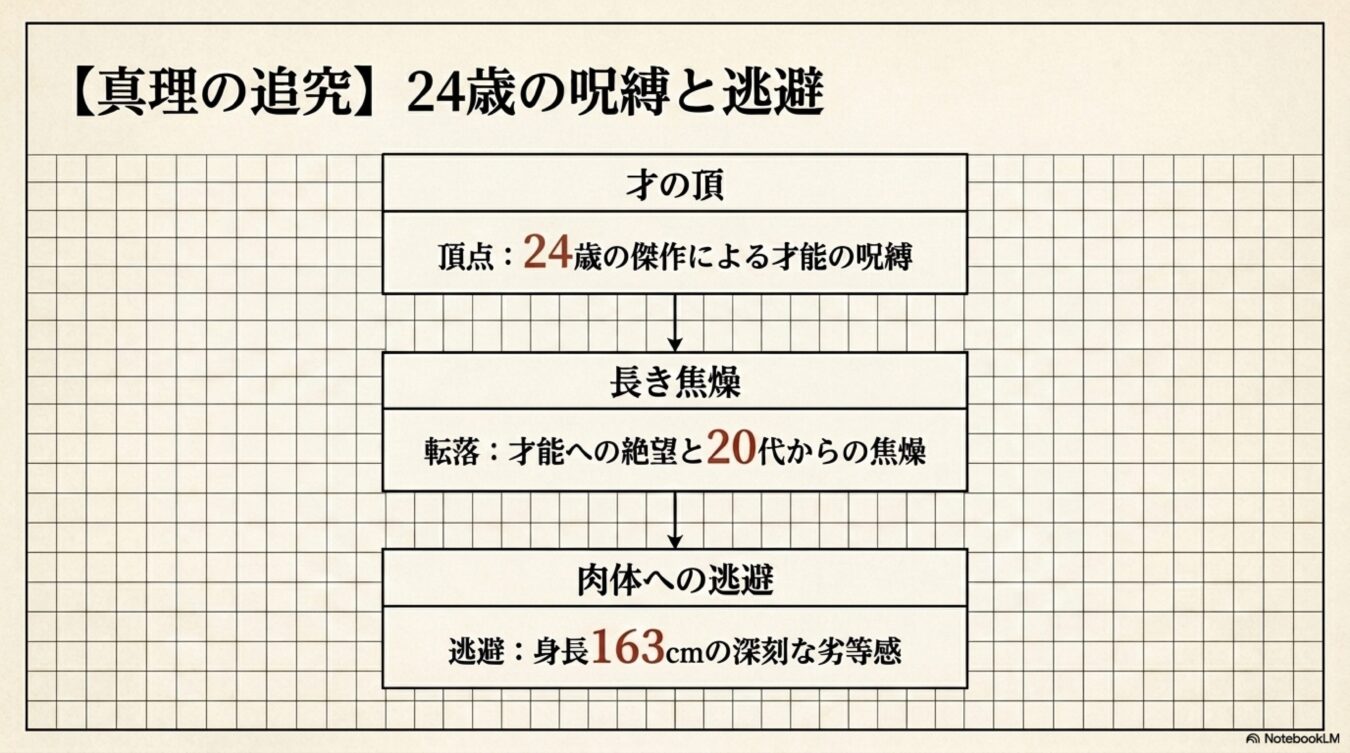 真理の追究：24歳の呪縛と逃避と題し、才能への呪縛、転落による焦燥、肉体への逃避という3段階の心理プロセスをフローチャートで示した図。