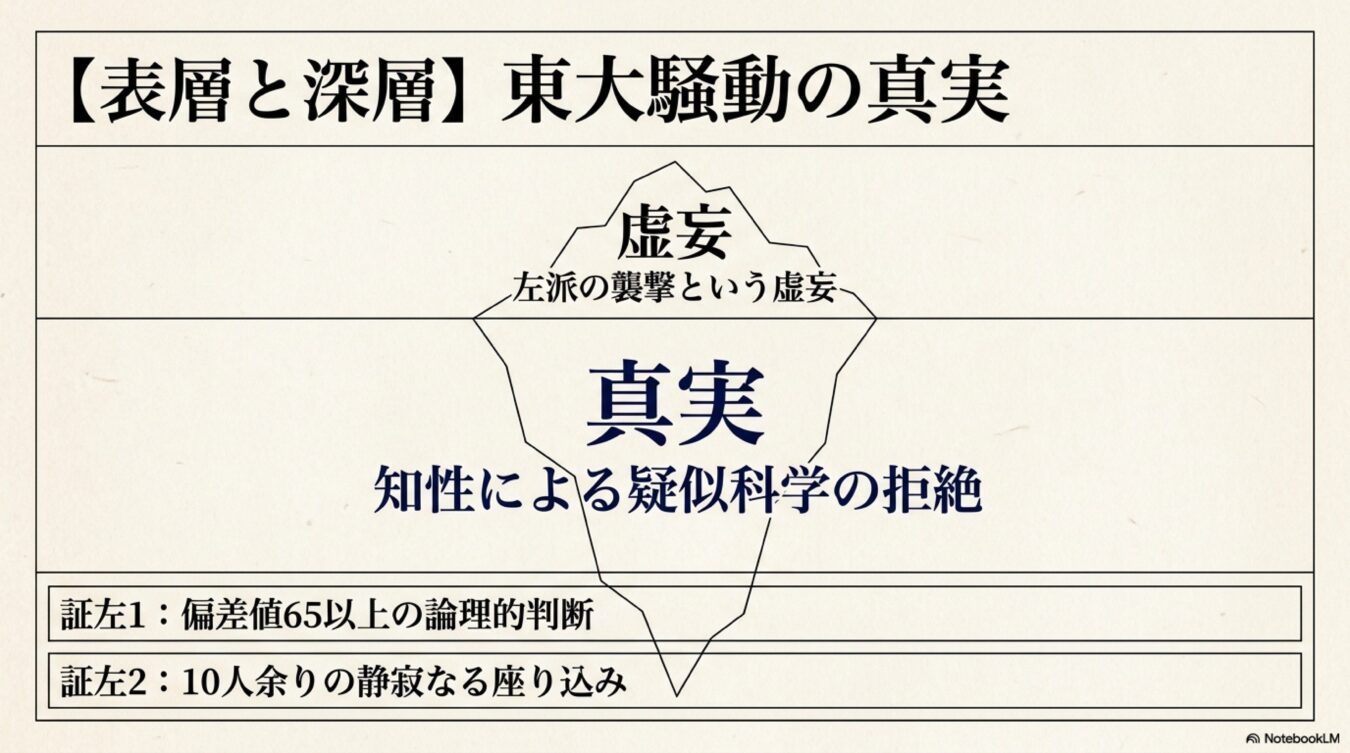 東大騒動の本質を氷山モデルで図解。表層の左派の襲撃という虚妄に対し、深層には知性による疑似科学の拒絶と論理的な事実が存在することを示している。