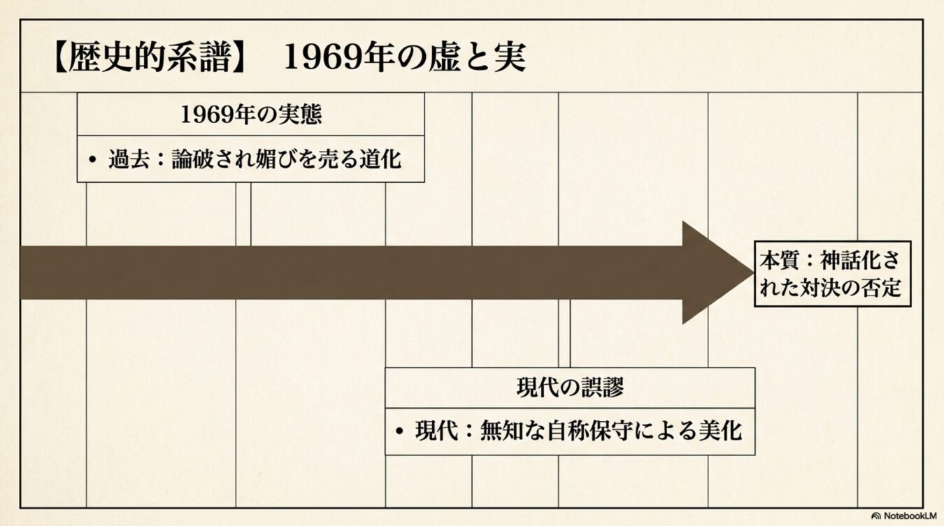 1969年の歴史的系譜を示す図。過去の論破され媚びを売る道化という実態から、現代の無知な自称保守による美化を経て、神話化された対決が否定されるという構造を矢印で表している。（60文字）
