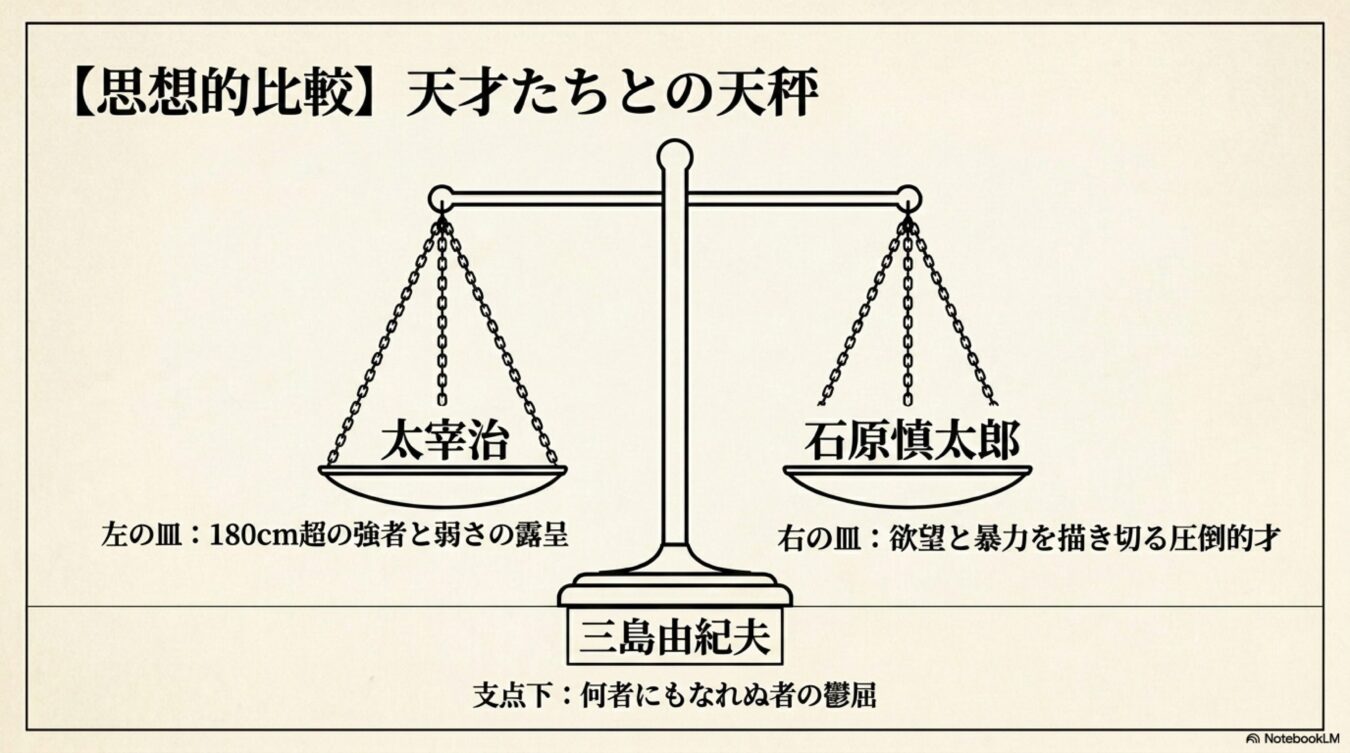 天秤の両皿に太宰治と石原慎太郎を配置し、それぞれの特徴と、支点に位置する三島由紀夫の思想的立ち位置を対比させた図解。