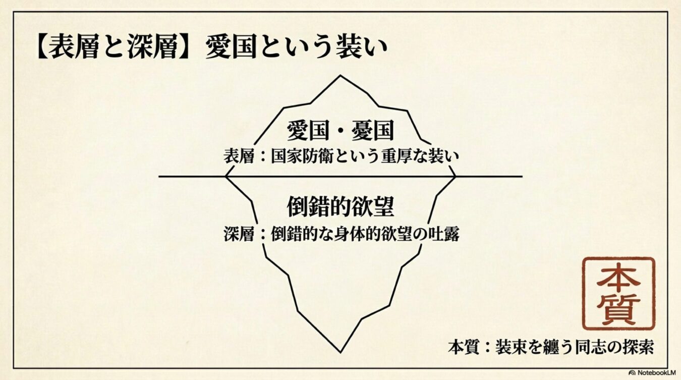 愛国という装いを氷山に見立て、表層の国家防衛と深層に潜む倒錯的欲望の関係性を図解した概念図。