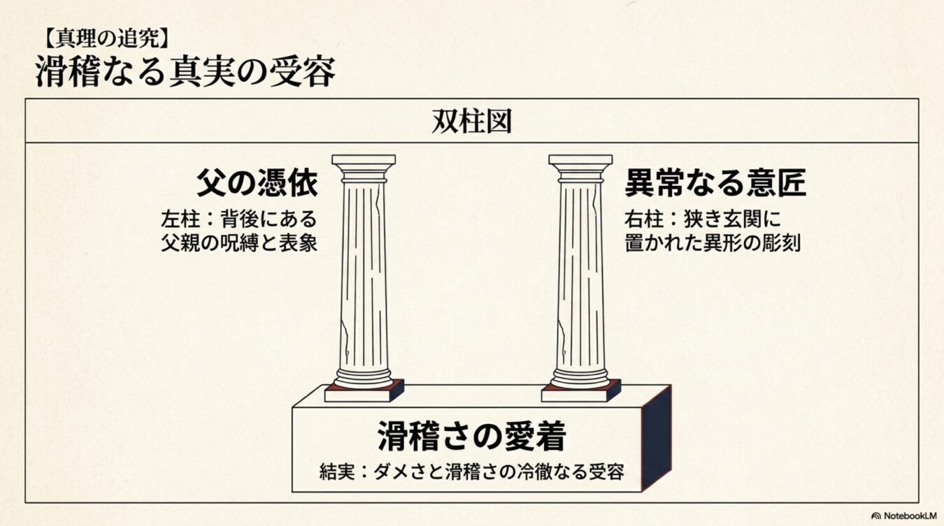真理の追究：滑稽なる真実の受容と題し、父の憑依を象徴する左柱、異様な彫刻である右柱、そしてその土台にある滑稽さの愛着という結実を構造化した双柱図。