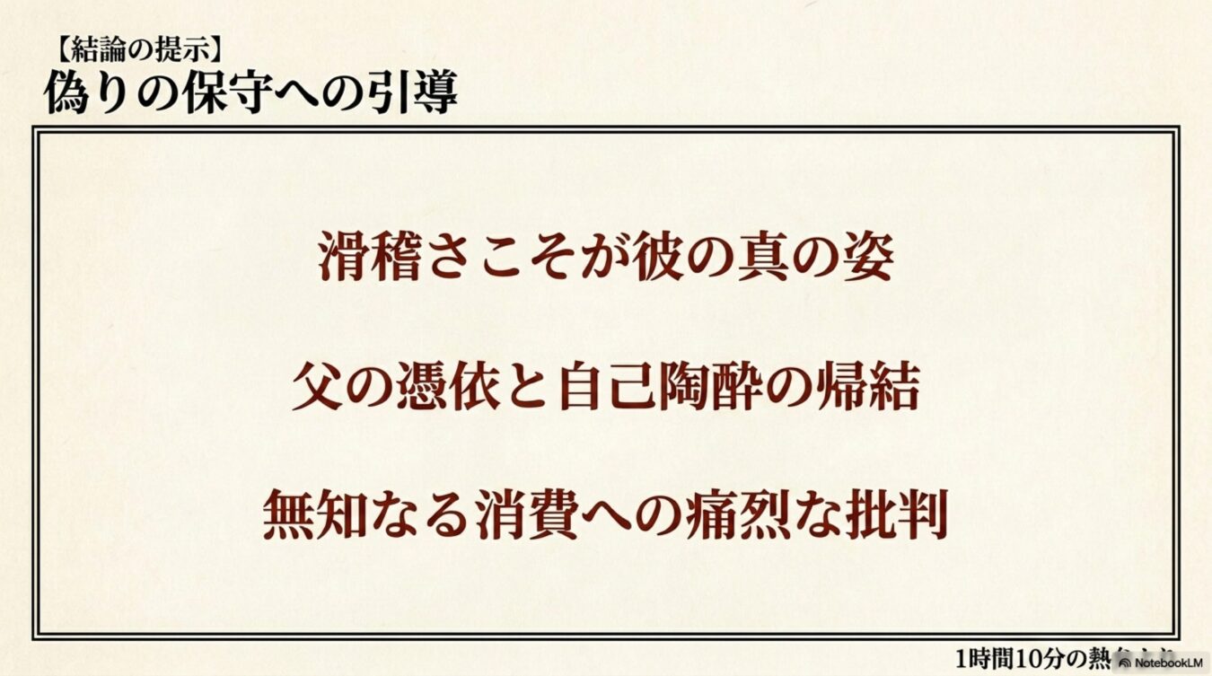 【結論の提示】偽りの保守への引導として、滑稽さ、父の憑依と自己陶酔、無知なる消費への批判という3つの視点が示されている。