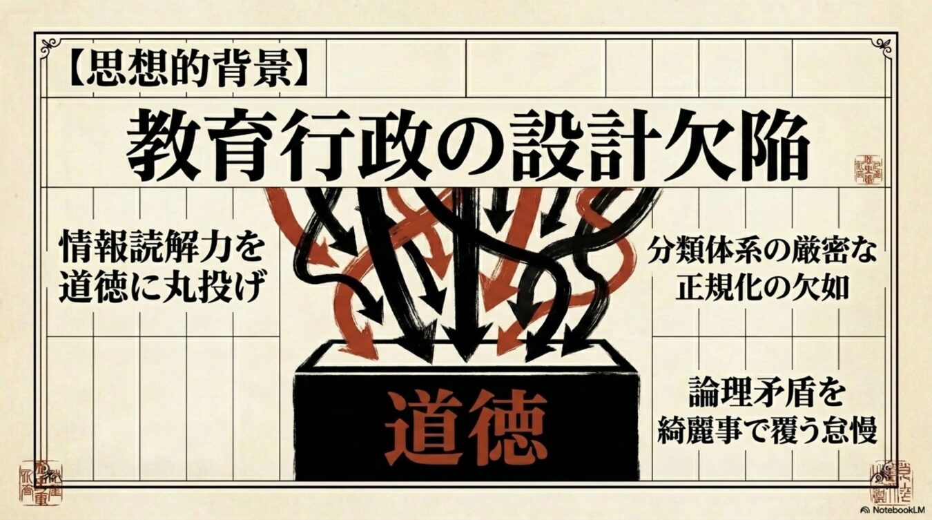 思想的背景:教育行政の設計欠陥という題字の下で、情報読解や分類体系の問題が全て道徳という箱に押し付けられている矛盾を、複雑に絡み合う矢印で表現した図解。