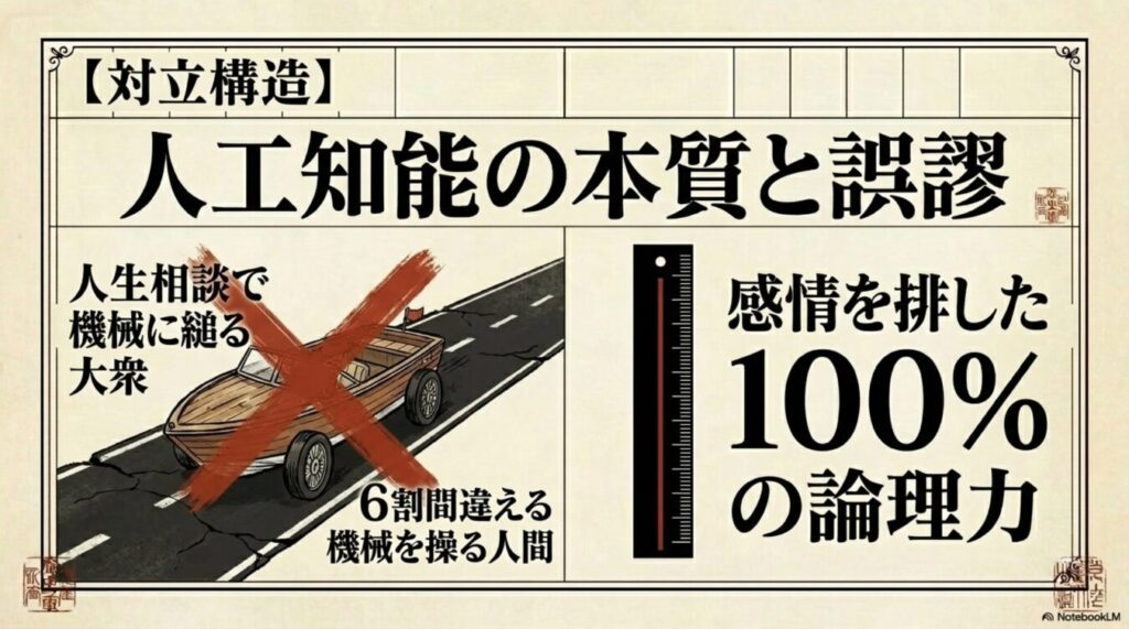 人工知能の本質と誤認という対立構造の図。左側は人生相談で機械に縋る大衆と6割間違える機械が×印で否定され、右側は感情を排した100%の論理力が示されている。