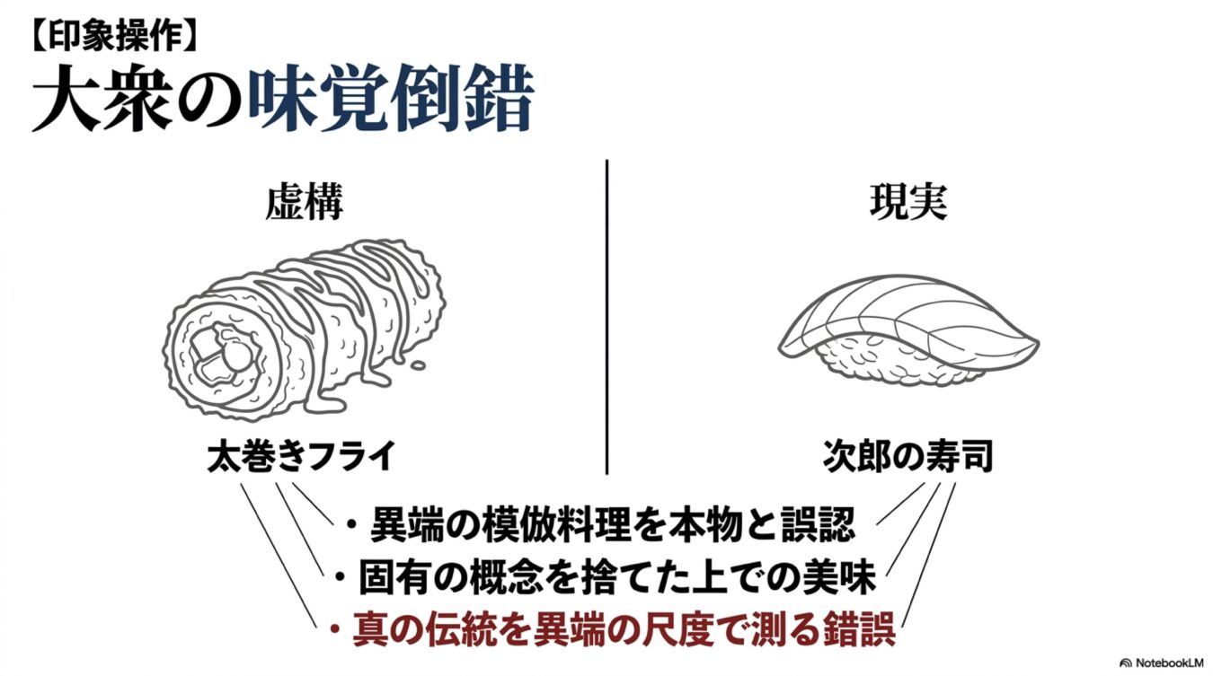 大衆の味覚倒錯をテーマに、虚構の太巻きフライと現実の次郎の寿司を比較し、伝統や味覚に対する誤認と錯覚の構造を解説した図解。