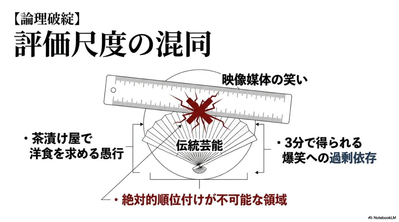 論理破綻：評価尺度の混同と題し、定規で測れない伝統芸能を映像媒体の笑いの尺度で測る不適切さを、茶漬け屋での洋食注文に例えて図解したもの。