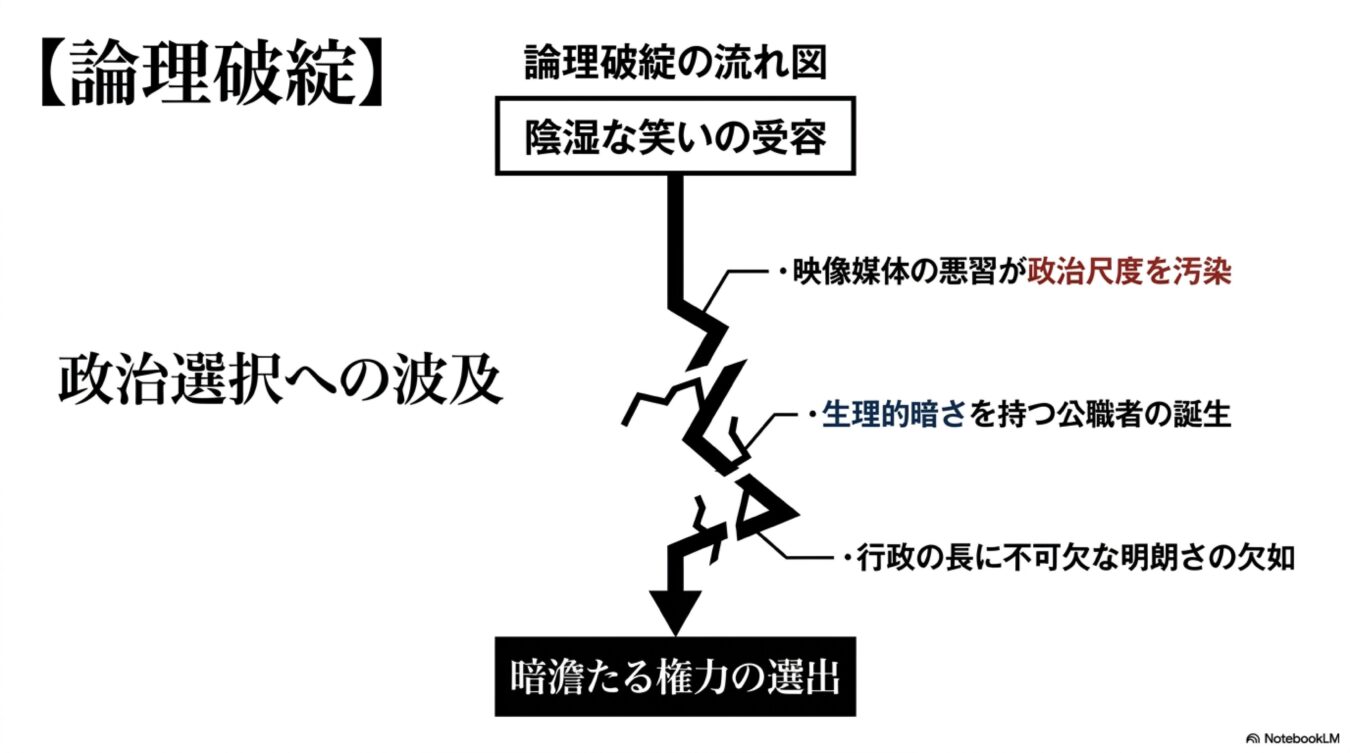 陰湿な笑いの受容から始まり、映像媒体の悪影響や公職者の暗さを経て暗澹たる権力の選出に至る論理破綻の流れ図。