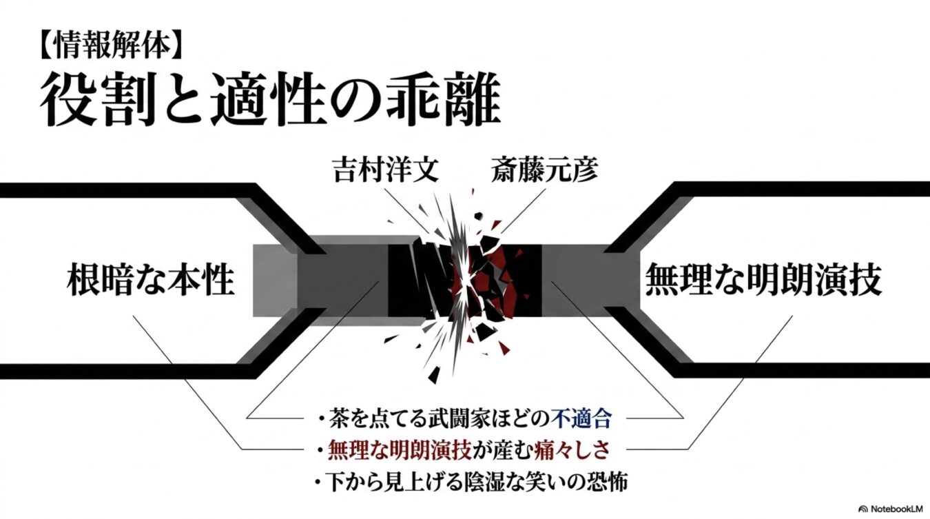 情報解体：役職と適性の乖離と題し、根暗な本性と無理な明朗演技の間で矛盾が生じ、吉村洋文と斎藤元彦の両氏が不適合を起こす様子を解説した図解。