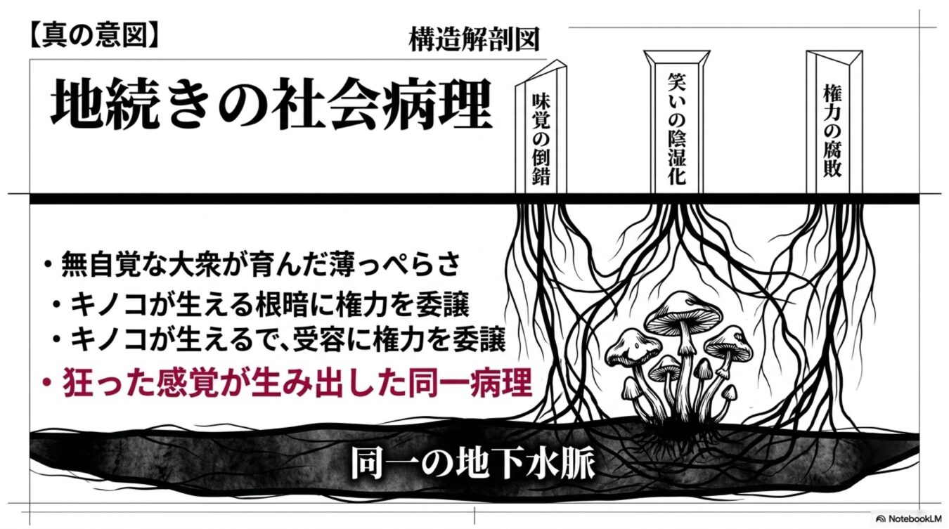 地続きの社会病理と題した構造解剖図。味覚の倒錯、笑いの陰湿化、権力の腐敗という事象が、同一の地下水脈とキノコの根に繋がっている様子を描いた概念図。