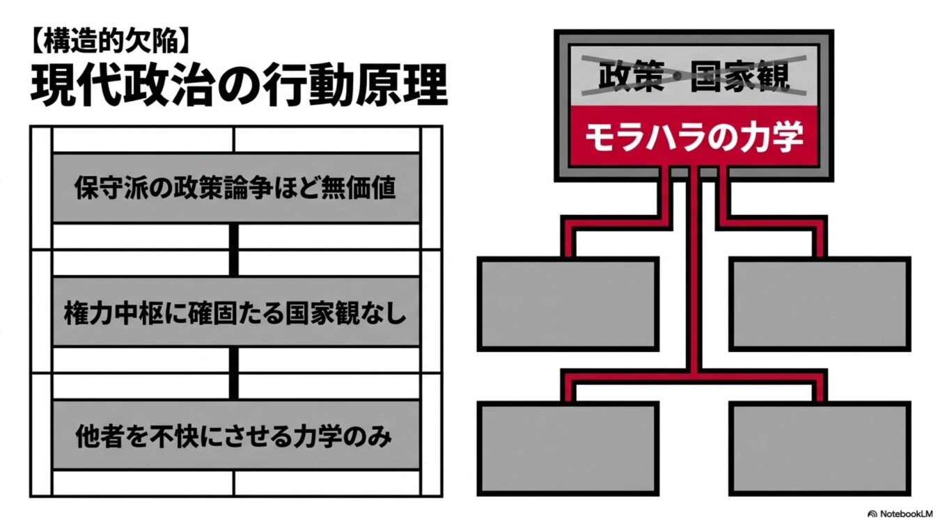 現代政治の構造的欠陥として、保守派の政策論争の無価値さと、国家観の欠如によるモラハラの力学が支配する状況を図解したもの。