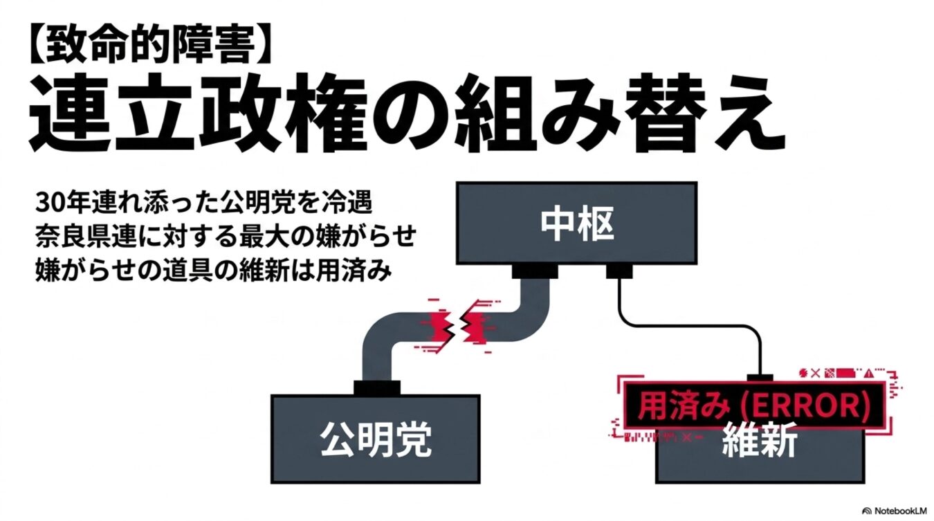 連立政権の組み替えをテーマに、公明党との関係断絶と維新の会への切り替えを致命的な障害として図示した政治的解説図。