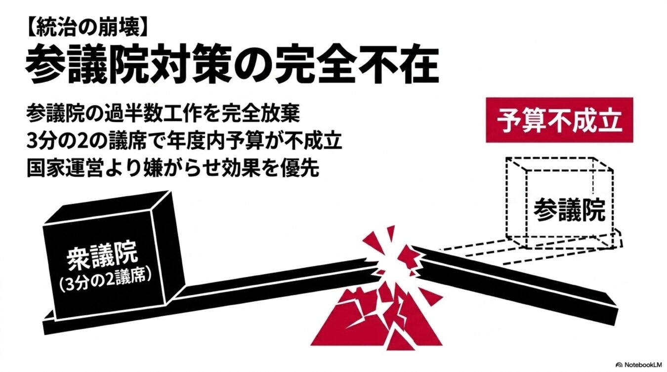 参議院対策の放棄により予算不成立に陥った統治の崩壊を、衆議院と参議院のバランスが崩れた図で説明した解説画像。