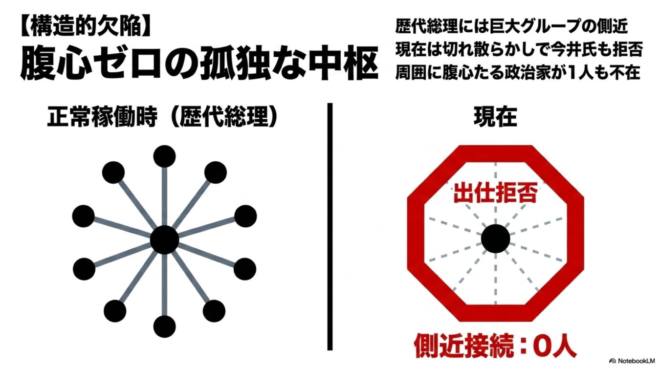 歴代総理の周囲には腹心が存在したが、現在は孤立し側近が一人もいないという構造的欠陥を示す比較図。