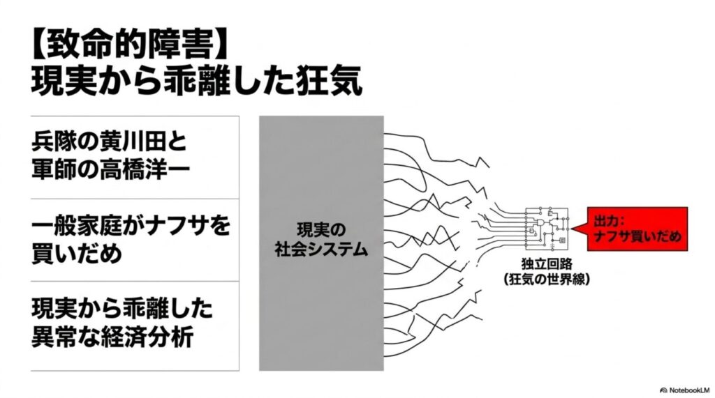 現実の社会システムから逸脱した経済分析と、論理が独立した狂気の世界線がナフサ買いだめという異常な出力へ至る図。