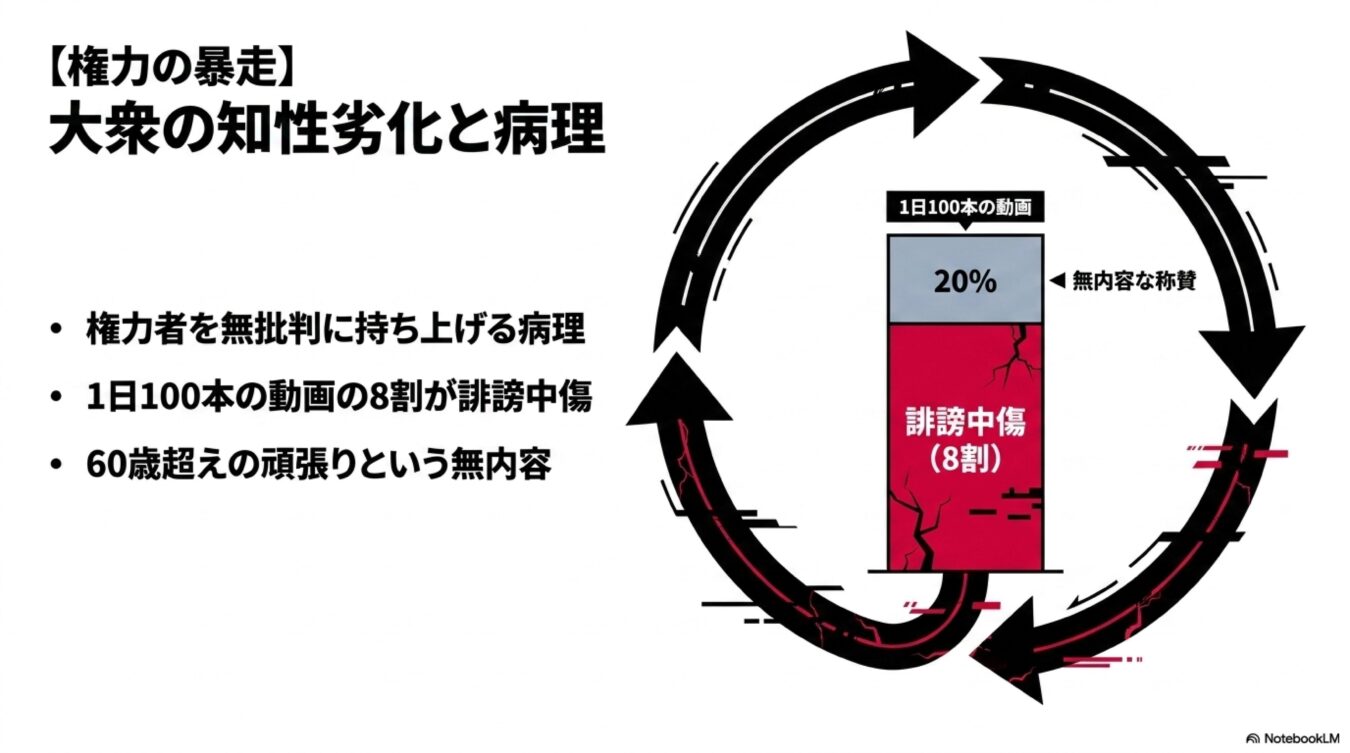 権力の暴走と大衆の知性劣化を示す図。1日100本の動画のうち8割が誹謗中傷であり、残りの2割が無内容な称賛であるという構図と、その病理的循環を解説している。