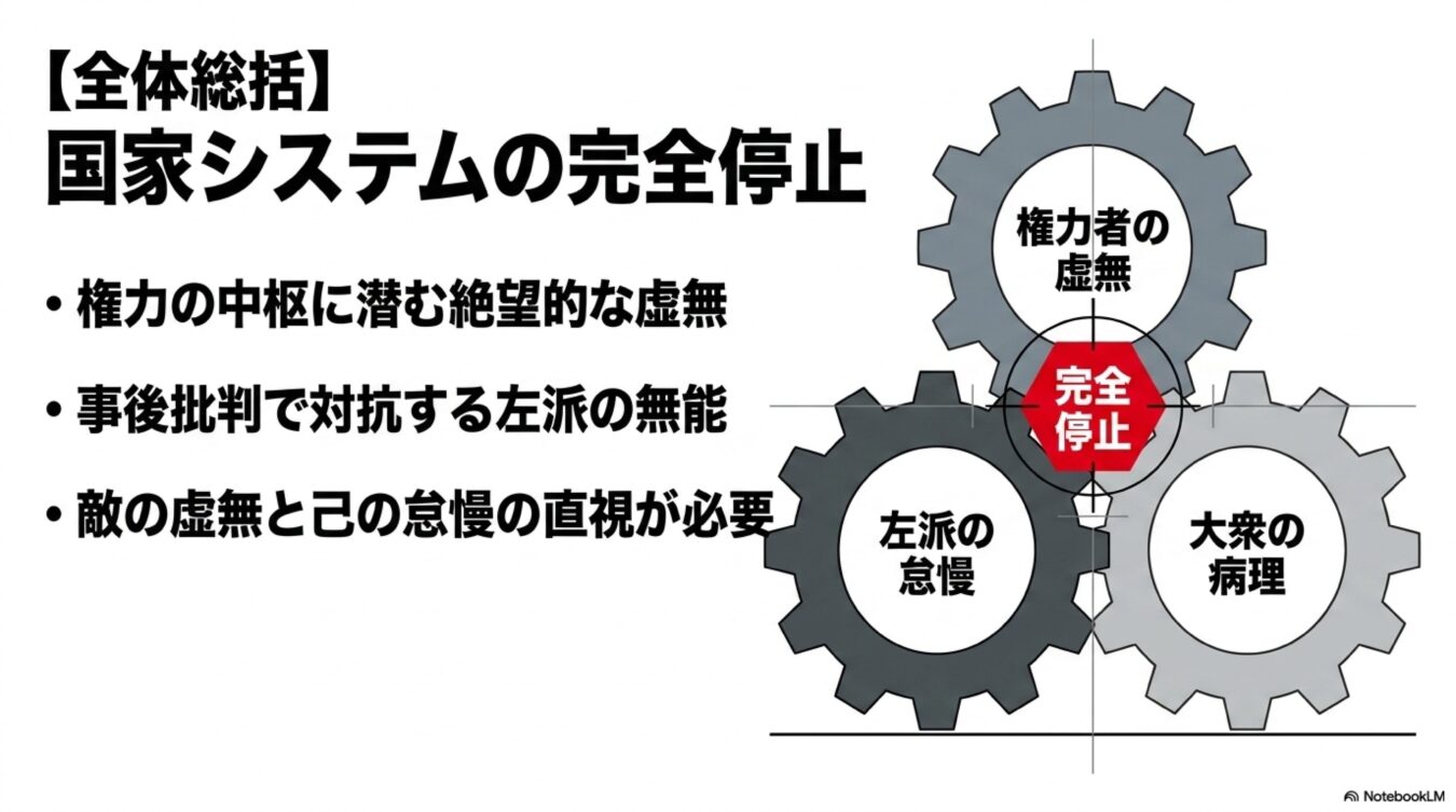権力者の虚無、左派の怠慢、大衆の病理という三つの要因が噛み合い、国家システムが完全停止に至る構造を示した図。