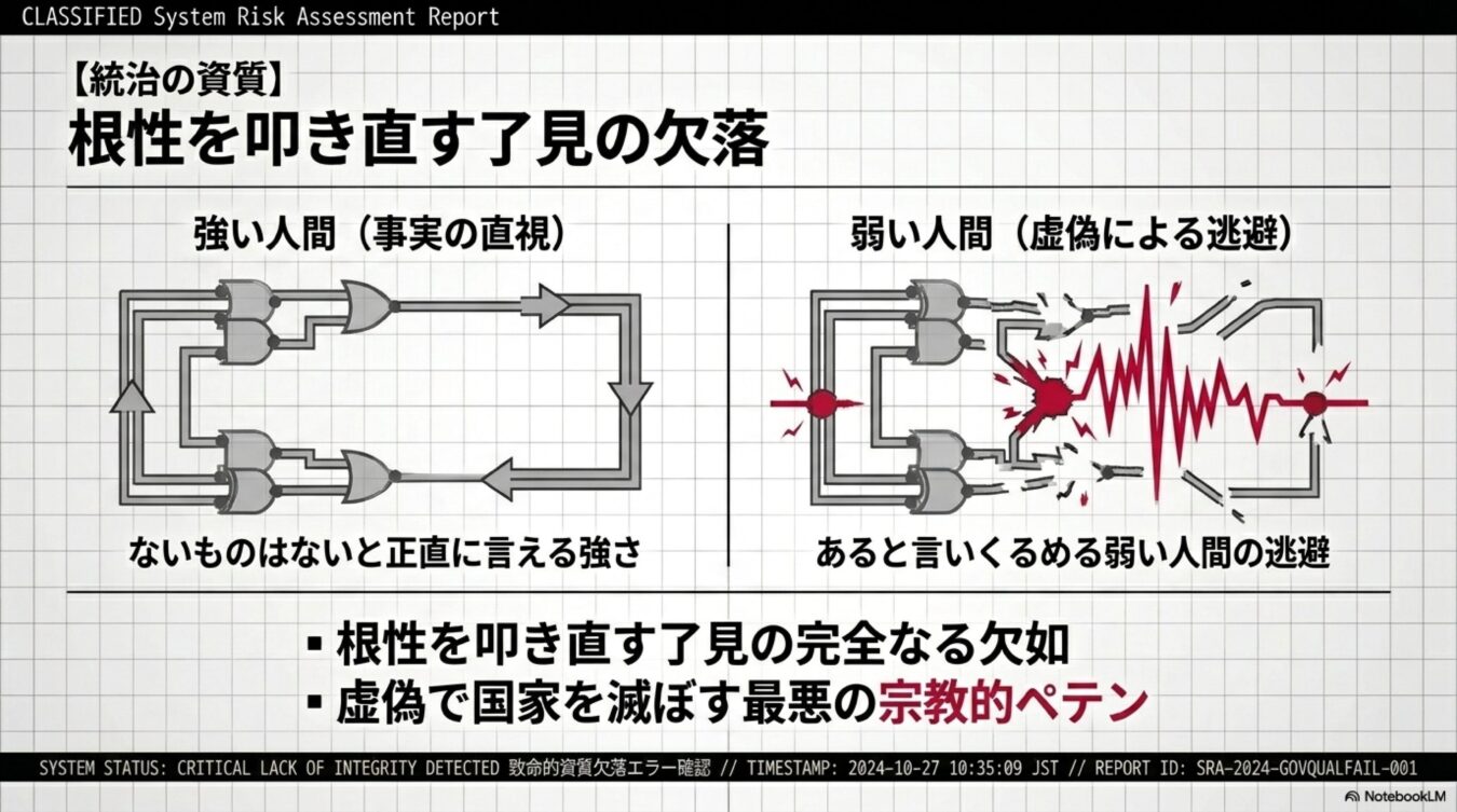 事実を直視する強い人間と、虚偽により逃避する弱い人間を論理回路で対比させ、統治の資質の欠如を批判する図解。