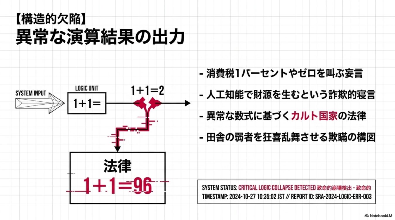 構造的欠陥として、正常な演算結果が歪められ、非論理的な法律や詐欺的言説へと変質していく過程を図示した概念図。