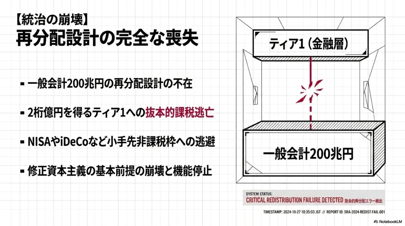 統治の崩壊をテーマに、一般会計200兆円の再分配機能が停止し、金融層への課税逃れによって修正資本主義が破綻している現状を示す図解。