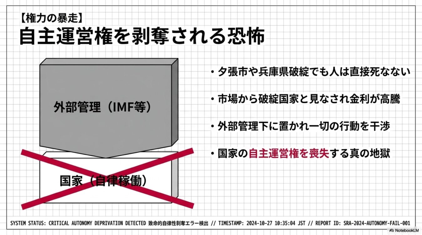 自主運営権を剥奪される恐怖をテーマに、国家の自律稼働が否定され、IMF等の外部管理下に置かれることで自主運営権を喪失する危機的状況を解説した図解。