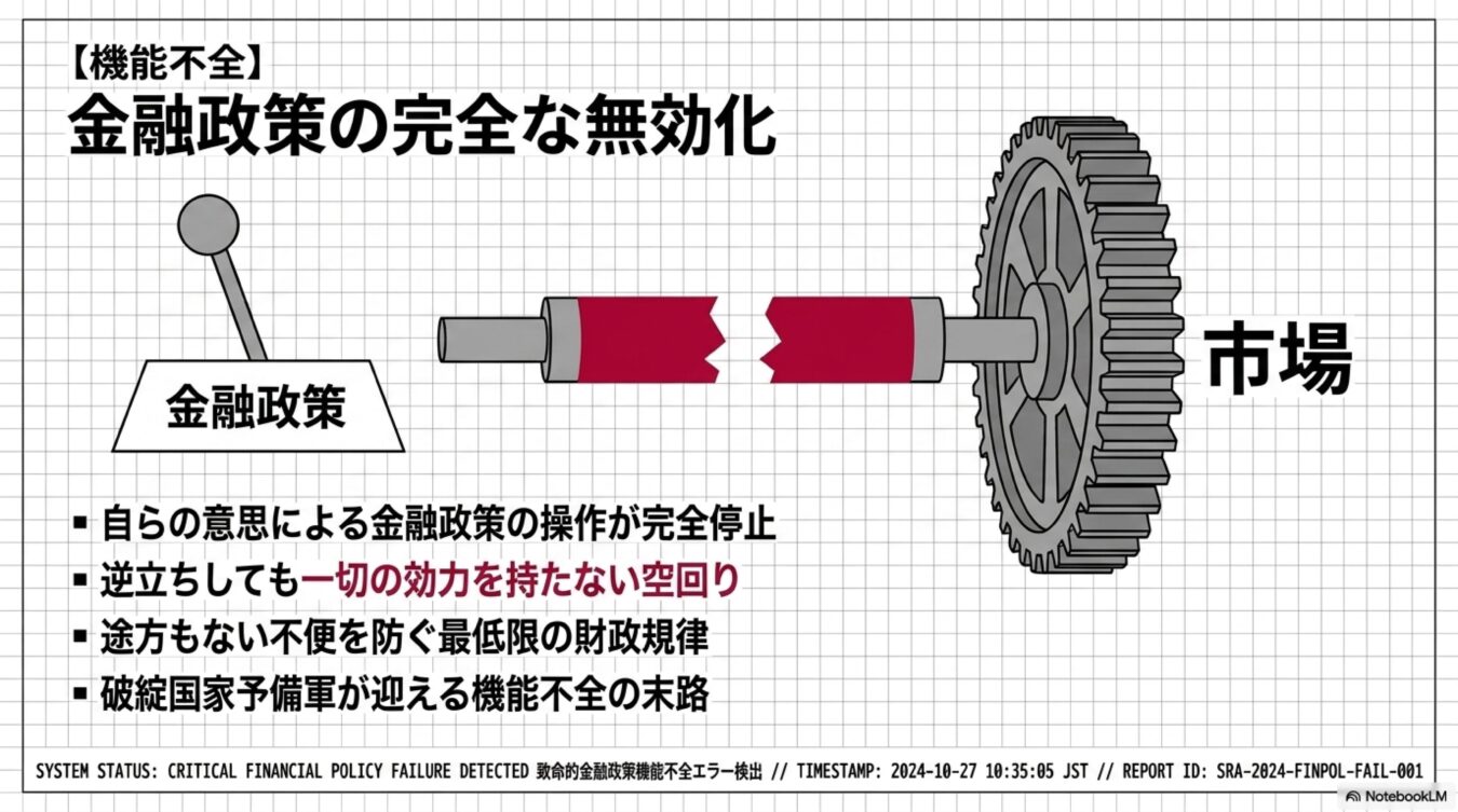 金融政策と市場をつなぐ歯車が切断され、政策が無効化した状態を示す概念図。操作が市場へ伝わらず空回りする機能不全の末路を表現している。