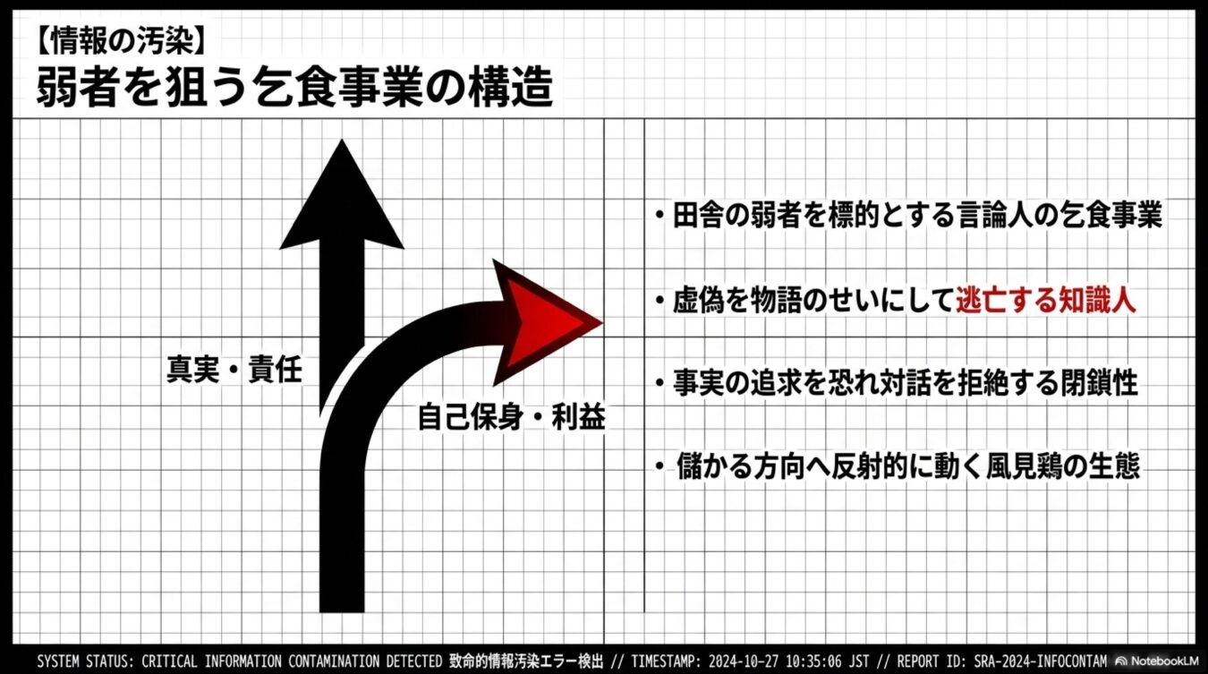 情報の汚染と題し、真実・責任へ向かう道と自己保身・利益を優先する乞食事業の構造を対比させた図解。